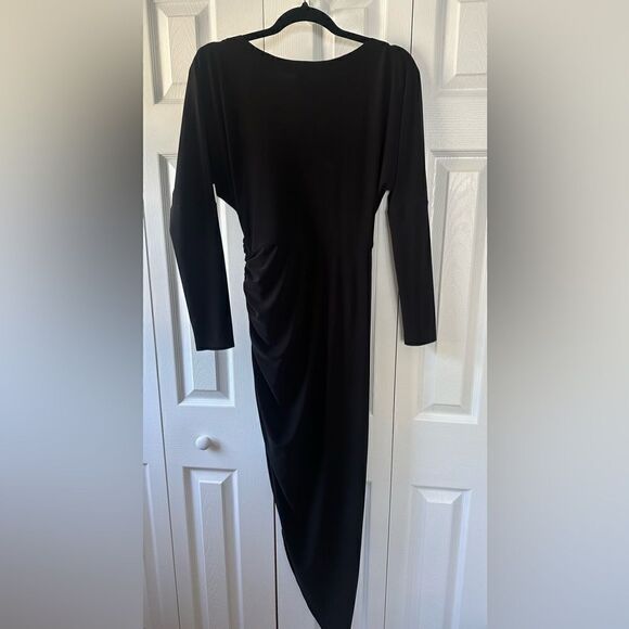 NEW Norma Kamali Tara Black Long Sleeve Dress Deep V Ruched Midi Dress - Picture 9 of 10